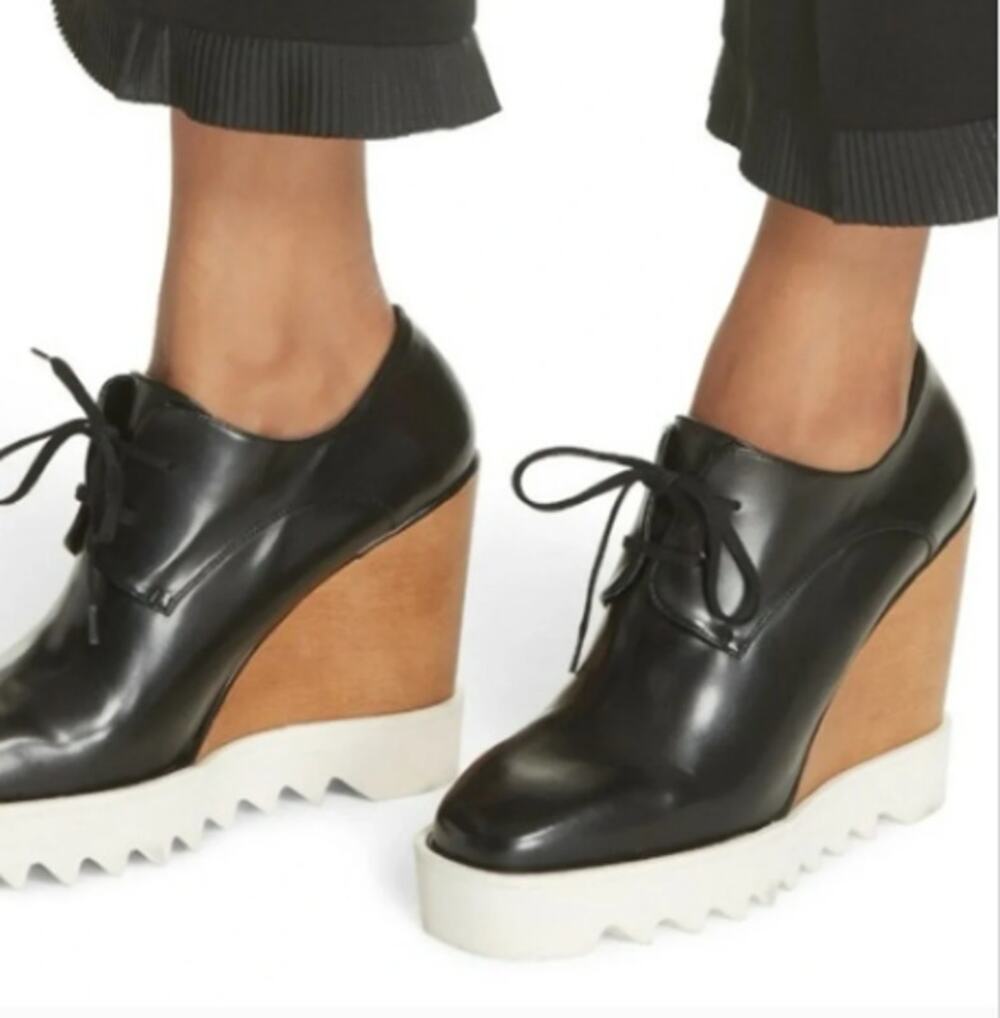 Stella McCartney Heels 7 Elyse Platform Wedge Square Toe Black Office Chic Italy